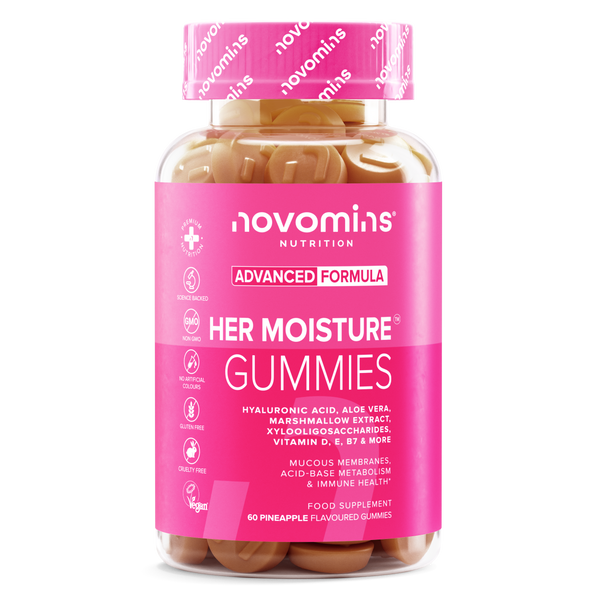 A bottle of Novomins Nutrition Her Moisture Gummies, featuring a bright pink label and cap, filled with brown gummy capsules, on a clean white background.